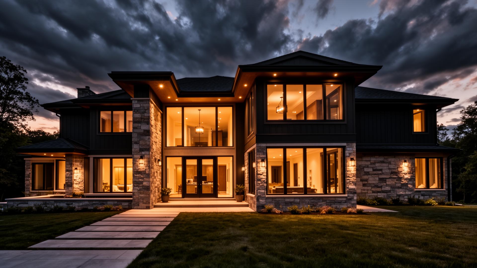 Custom built modern home at dusk